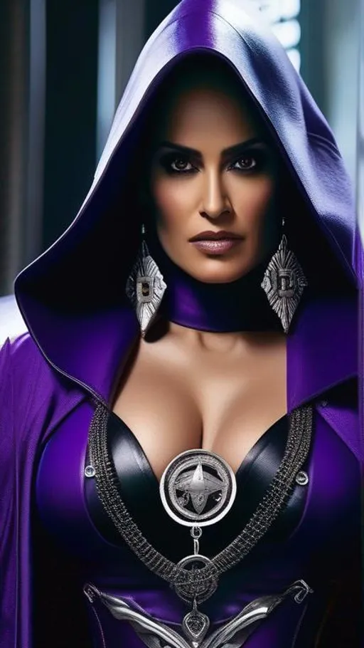 Prompt: Selma Hayek as a genestealer cult leader, (((Bald, Forehead Ridges))), Skimpy Outfit, Cleavage Window, Purple Robes, Silver Jewelry, Warhammer 40000, 