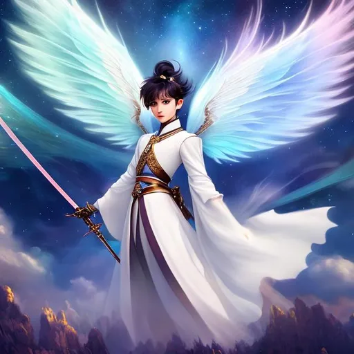 Prompt: masterpiece, illustration, best quality), (High-Res Beauty - Masterpiece, Pretty Face, Neck Ribbon), 1 singular Beautiful androgynous swordsman, with wings, pixie style haircut, modern fashion, flying above a field of stars on a foreign planet 