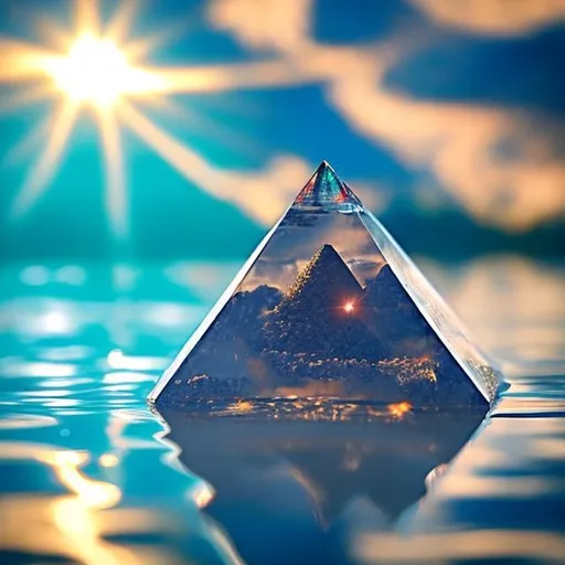 Prompt: create a crystal clear pyramid with sun rising behind it with rays of light shining and reflection as it is floating above water