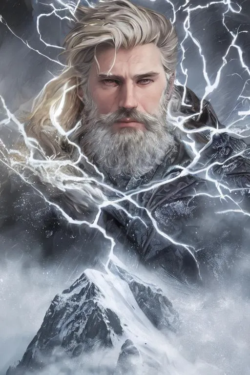 Prompt: Full body portrait of an Russian male {character} with short scruffy blonde hair and with heart-shaped face, gray eyes, blonde beard, perfect composition, snowy mountains, lightning, hyperrealistic, super detailed, 8k, high quality, trending art, trending on artstation, sharp focus, studio photo, intricate details, highly detailed, by greg rutkowski