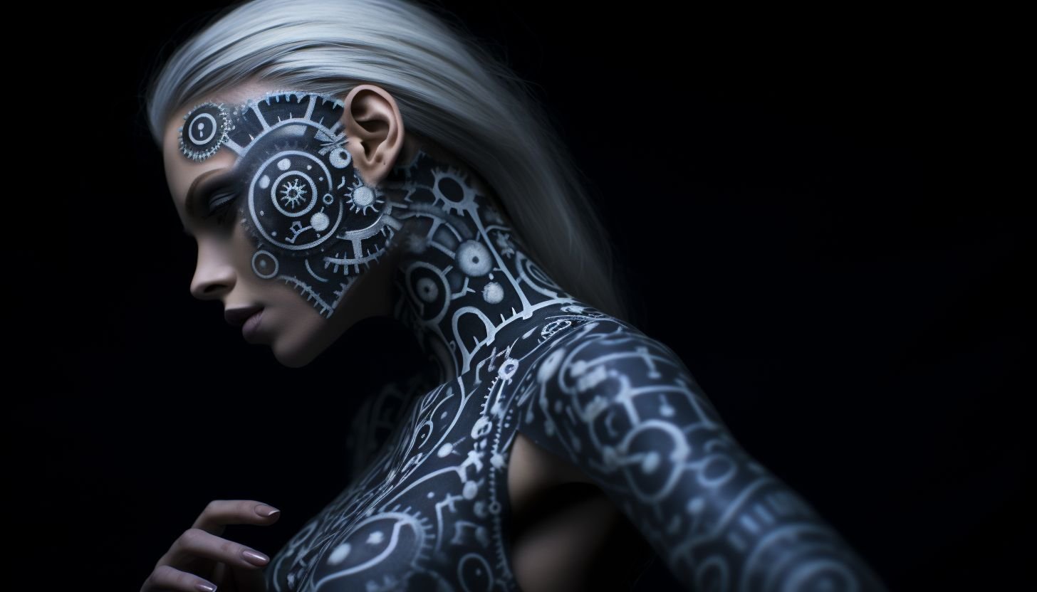 Prompt: london artist hsinalu scifi clock, in the style of fashion photography, dark silver and silver, canon eos 5d mark iv, body art, aggressive digital illustration, blink-and-you-miss-it detail, back button focus --ar 128:73 --style raw --v 5.2