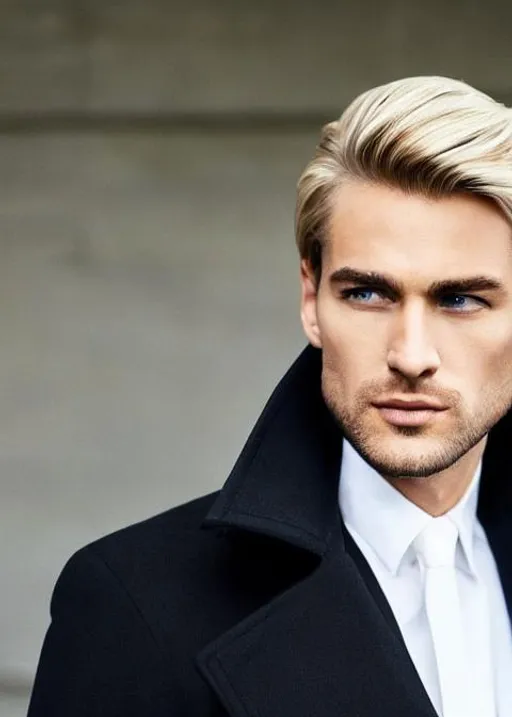 Prompt: Imagine a  tall confident man, wearing a Black coat with White shirt and black tie. He has a blonde shoulder-lenght hair and Green eyes, pale light skin color. Russian looking build, standing strong, having soft and calm eyes that looking through to you. His hair is Light blond, neatly combed into a shoulder-lenght bob. Despite his cool and collected demeanor, he could and would demonstrate that he was an experienced, hardened mafia member capable of turning aggressive and contentious. The art is made in anime style.
