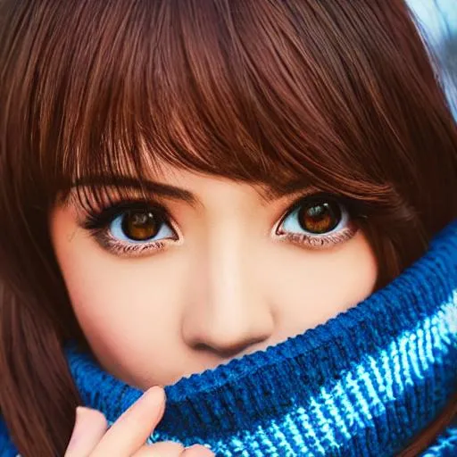 Prompt: Close-up polaroid
photo, of "Girl, brown hair dressed in blue knitted sweater, big black anime eyes, soft lighting, detailed face, soft lighting,
outdoors, 24mm, Nikon Z FX by makoto shinkai, stanley artgerm lau, wlop, rossdraws,
