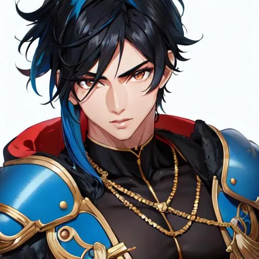 Prompt: Male (black hair in the front blue hair in the back) (brown eyes) buff, muscular. UHD, 8K, highly detailed