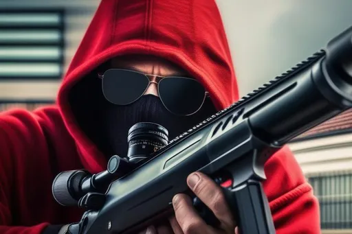 Prompt: A man from The Walking Dead, with black glasses, wearing a red sweatshirt with black stripes and a black balaclava, with a sniper rifle, background zombie apocalypse, Hyperrealistic, sharp focus, Professional, UHD, HDR, 8K, Render, electronic, dramatic, vivid, pressure, stress, nervous vibe, loud, tension, traumatic, dark, cataclysmic, violent, fighting, Epic