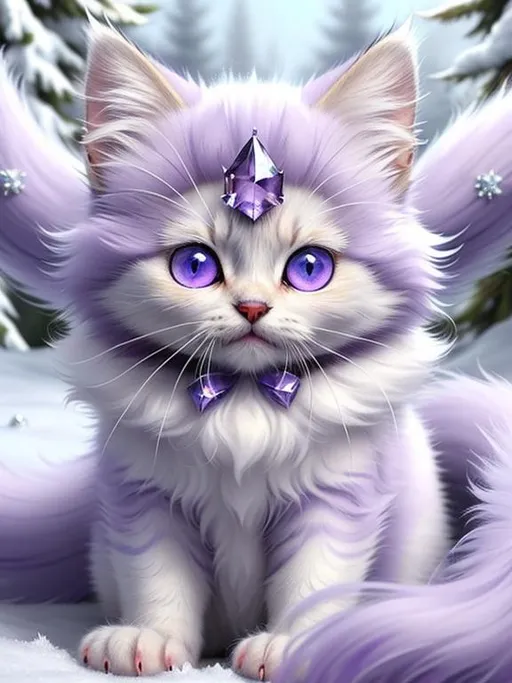 Prompt: (masterpiece, professional oil painting, epic digital art, best quality:1.5), tiny ((kitten)), ice elemental, silky silver-lilac fur covered in frost, timid, ((insanely detailed alert amethyst eyes, sharp focus eyes)), gorgeous 8k eyes, fluffy silver neck ruff covered in frost, two tails, (plump), extremely beautiful, fluffy chest, enchanted, magical, finely detailed fur, hyper detailed fur, (soft silky insanely detailed fur), presenting magical jewel, moonlight beaming through clouds, lying in frosted meadow, grassy field covered in frost, cool colors, professional, symmetric, golden ratio, unreal engine, depth, volumetric lighting, rich oil medium, (brilliant auroras), (ice storm), full body focus, beautifully detailed background, cinematic, 64K, UHD, intricate detail, high quality, high detail, masterpiece, intricate facial detail, high quality, detailed face, intricate quality, intricate eye detail, highly detailed, high resolution scan, intricate detailed, highly detailed face, very detailed, high resolution