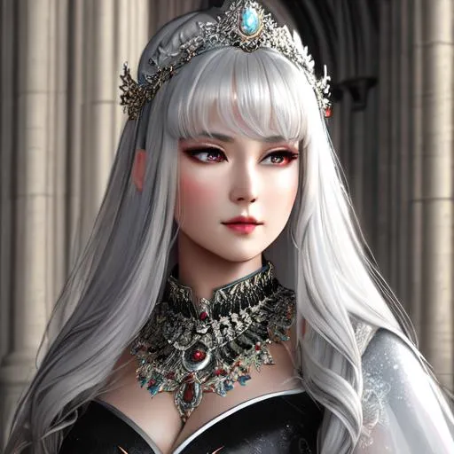 Prompt: oil painting, , UHD, 8K, Very Detailed, detail face, full body character visible, jung goddess character with ethereal fantastical stone grey skin & snow white hair, she has visible silvery eyes, sleeveless black dress, standing in huge cathedrale