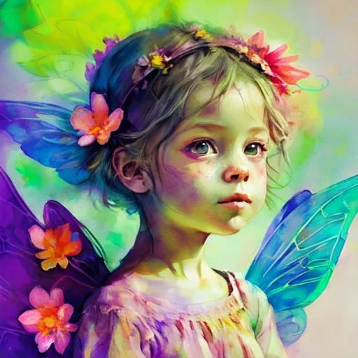 Prompt: child fairy goddess, spring colors, flowers in background, closeup