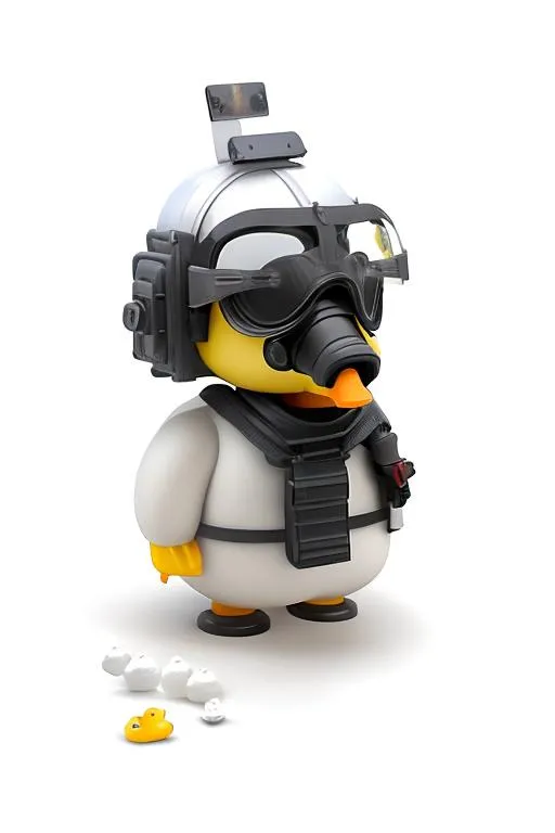 Prompt: Create a realistic rubber ducky toy image dressed as a fighter pilot with a helmet, goggles and mask.