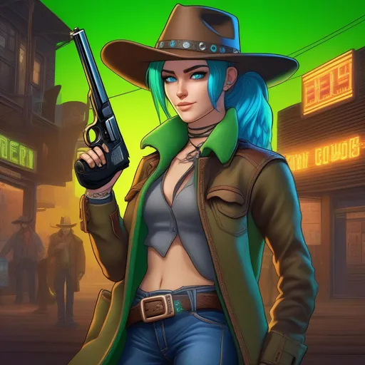 Prompt: She has a long, distinctive neon-green that fades to neon-blue hair in a ponytail, green and blue eyes, wearing a long brown coat, grey vest, denim pants, black cowboy boots, holding a pistol, wearing a brown sheriff's cowboy hat, 8k, UHD, heavily detailed,