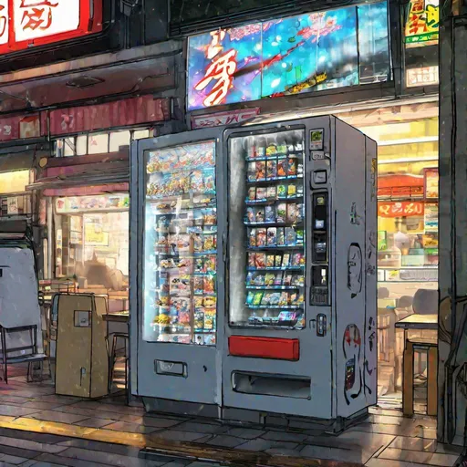 Prompt: Cyberpunk style vending machine restaurant. osaka, japan. raining. early morning sunlight through the window. one customer. putting money in machine. tables and chairs. larger perspective. zoom out. include more tables and chairs. sunlight through window. Show the interior of the restaurant. comic book style art.More detail of the vending machines.REALISTIC. PHOTO REALISTICCOMIC STYLE. Cyberpunk elements. neon and dark metal. futuristic meets the old. The year is 2079