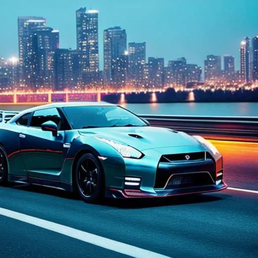 Prompt: Nissan GTR on a Highway at Night, infront of a City-Skyline.