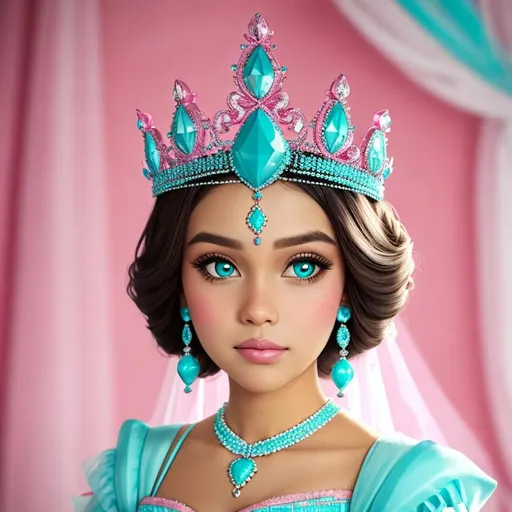 Prompt: princess wearing tiara, pink and turquoise color scheme, facial closeup