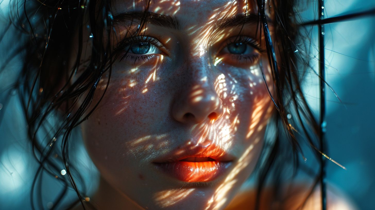 Prompt: her face is against a curtain of black bars, in the style of airbrush art, light bronze and dark blue, neon grids, made of glass, taras loboda, timeless beauty, symmetrical grid