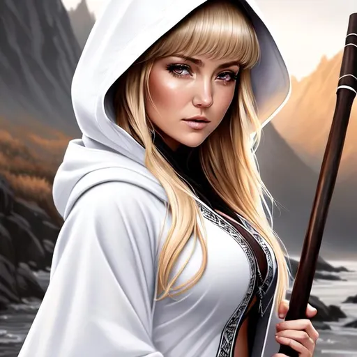 Prompt: Kate Hudson, 20 years old holding large wooden staff, wearing hooded, white tribal tactical robe, parted bangs, blonde hair, brown eyes, ethereal, jewelry set balayage wild hair, royal vibe, highly detailed, digital painting, Trending on artstation , HD quality, tan skin, Big Eyes,artgerm, by Ilya Kuvshinov 