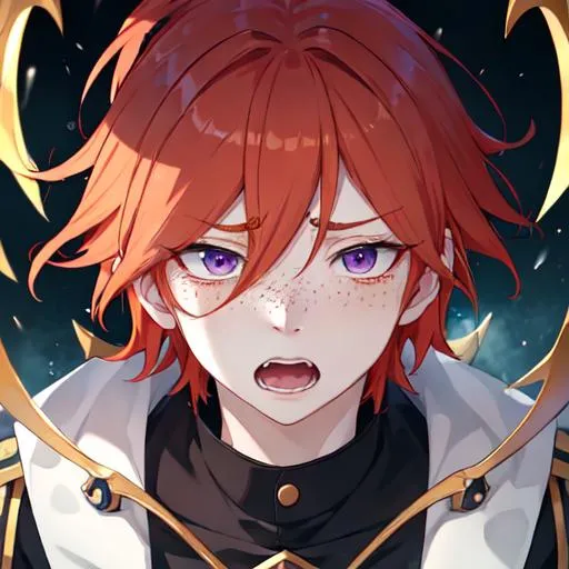 Prompt: Erikku male adult (short ginger hair, freckles, right eye blue left eye purple) UHD, 8K, Highly detailed, insane detail, best quality, high quality,  anime style, in purgatory, yelling, upset, crying out for help