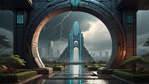 Prompt: magical portal between cities realms worlds kingdoms, circular portal, ring standing on edge, upright ring, freestanding ring, hieroglyphs on ring, complete ring, ancient aztec architecture, zigurat, gardens, hotels, office buildings, shopping malls, large wide-open city plaza, panoramic view, dark stormy night, stormy sky, rain, futuristic cyberpunk tech-noir setting