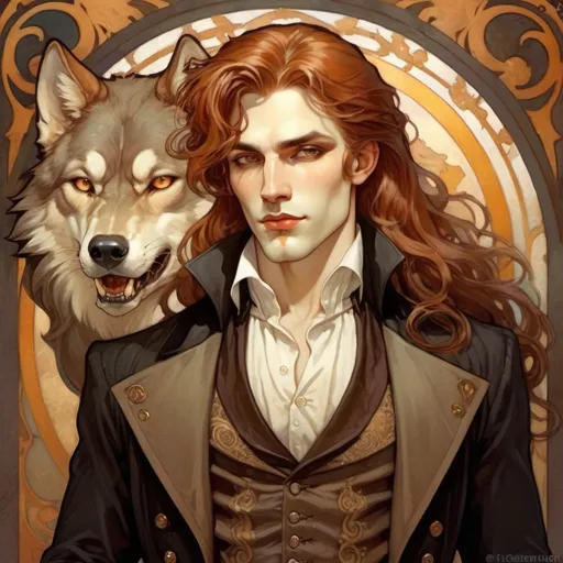 Prompt: a [full figure handsome male vampire with long, auburn hair, pale skin, dark lips and amber eyes, wearing a tailcoat and a bronze vest] and a wolf