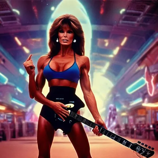 Prompt: Bodybuilding Racquel Welch playing guitar for tips in a busy alien mall, widescreen, infinity vanishing point, galaxy background