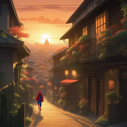 Prompt: traditional ghibli movie starring spiderman, consistent lighting and mood throughout