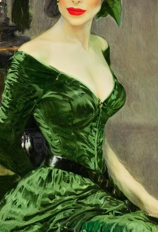 Prompt: portrait of beautiful woman as catwoman in a dark green designer couture dress, extreme detail, by Maurice Sendak and Ilya Repin, artstation