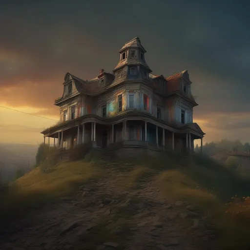 Prompt: Epic cinematic art of an insanely detailed old dilapidated house on a hill at the end of a street, by tomasz allen kopera, dariusz zawadzki, andreja peklar, ivan shiskin, beautiful, colorful, ultra detailed, ultra-realistic, a masterpiece, polished, crisp quality by michal karcz, daniel merriam, victo ngai and guillermo del toro, ornate, intricate, highly detailed, centered, artstation, smooth, sharp focus, octane render