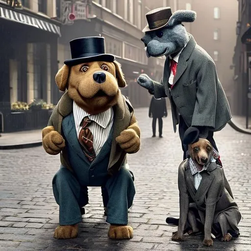 Prompt:  The anthropomorphic big old Golden Retriever dog is Mr. Lucky is  wearing dressed business officer suit for anthro dog in great depression london 1934, from Mary poppins returns style
