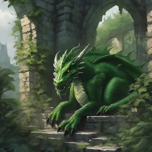 Prompt: Art of Venomfang the green dragon from D&D waiting patiently within an overgrown ruined tower, looking directly at the viewer