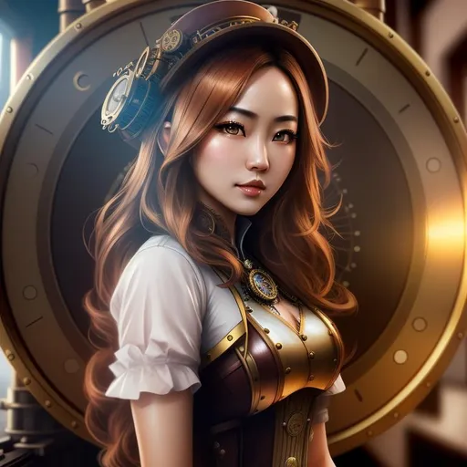 Prompt: steampunk asian, steampunk Ironmouse, (masterpiece, best quality:1. 2), photorealistic, sophisticated, 1 lady, woman, full body, delicate face, detailed eyes, sharp pupils, realistic pupils, facelight, real skin, firm skin, ultra detailed, depth of field, bokeh