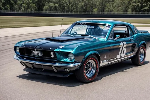 Prompt: Next Gen Nascar stock 1967 Ford Mustang car, sponsored by OpenArt