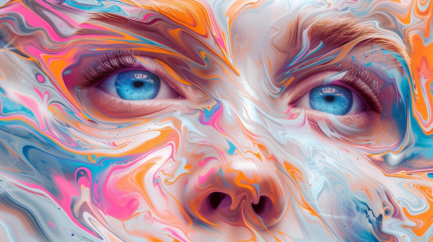 Prompt: Create an image of a surreal female face with an artistic and abstract design. The face should have symmetrical features with high detail. The skin should appear as if it's made of swirling, multi-colored paint in a palette of pink, blue, orange, and white, giving it a marbled effect. The eyes should be realistic and strikingly blue, gazing directly at the viewer, with defined eyelashes. The lips should be full and glossy, painted in a vibrant pink-purple hue, set against the colorful swirls that make up the face. The overall effect should be glossy and ethereal, with a smooth blending of colors, resembling a digital painting with a modern, stylized touch.