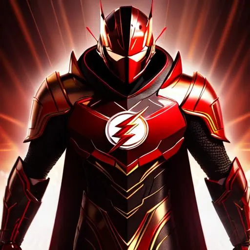 Prompt: full body shot of Flash in black and red armour style suit, gold mask, white cloak with lighting logo design, looking at center camera, perfect composition, beautiful detailed intricate insanely detailed octane render trending on artstation, 8 k artistic photography, photorealistic concept art, soft natural volumetric cinematic perfect light, chiaroscuro, award - winning photograph, masterpiece, oil on canvas, raphael, caravaggio, greg rutkowski, beeple, beksinski, giger, trending on artstation, sharp focus, studio photo, intricate details, highly detailed, night city background, by greg rutkowski