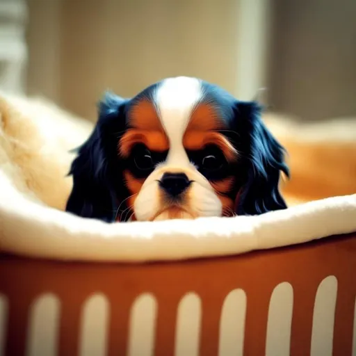 Prompt: A dog in it's bed (king charles spaniel) cute adorable