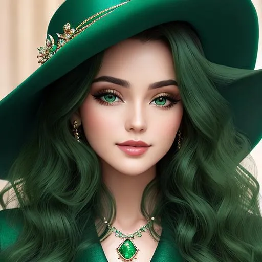 Prompt: Lady all in green, Long  very curly hair, wearing emerald jewelry, face front, blue fashion, stylish hat and coat, pretty makeup, facial closeup