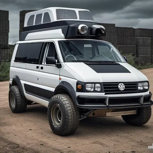 Prompt: Specced out rally version of the vw transporter, with a v12 in the back 