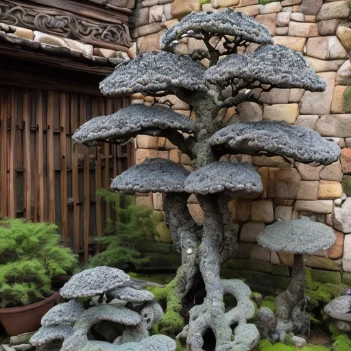 Prompt: Lichens tree 4k pot courtyard wabi sabi organic curve architecture