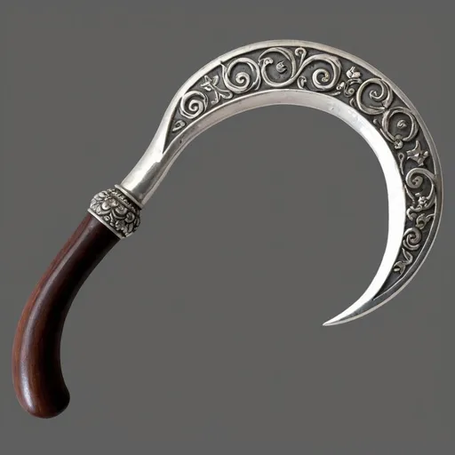 Prompt: An ornate yet simple silver sickle with a wooden handle