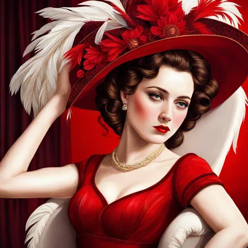 Prompt: fashionable 1st class  female passenger on the Titanic, pale skin, dark styled hair, large lips,  looking sad, facial closeup, vibrant colors, red dress and elaborate hat with feathers
