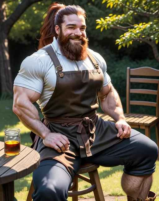 Prompt: oil painting, D&D fantasy, {30 years old}, muscular D&D dwarf man, {very short height}, {thick limbs}, sitting on a chair outdoors, smiling, {COLOSALLY BREASTED}, peak masculinity, {long red gold ponytail}, {waist length beard}, looking at the viewer, {wearing blacksmith apron}, {wearing elbow length blacksmith gloves}, UHD, hd, 8k eyes, detailed face, big green eyes, 8k eyes, {wide green eyes}, {wide mouth}, straight nose, high cheekbones, {extremely broad hips}, extremely broad shoulders, intricate details, {insanely detailed eyes}, masterpiece, cinematic lighting, 8k, complementary colors, octane render, volumetric lighting, unreal 5, artwork, concept art, cover, top model, light on hair, glamourous hyperdetailed cave background, ultra-fine details, hyper-focused, deep colors, dramatic lighting | by sakimi chan, artgerm, wlop, pixiv, tumblr, instagram, deviantart