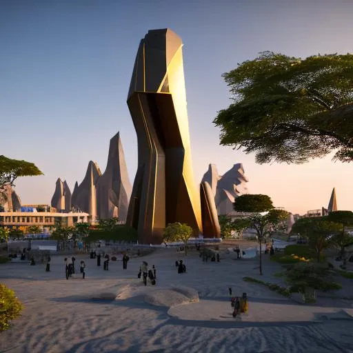 Prompt: Modernised precolonial congolese sculpture incorporated into a modern city using rare Congolese minerals volumetric natural light, ultra realistic, vray, far view, perspective landscape