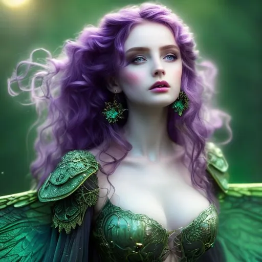 Prompt: HD 4K 3D Stunning, magic, cinematic gothic fairy, ethereal green wings,  long, curly redhead hair, lovely, romantic, tender, purple light, sunstrails, perfect female beauty, intricate, pale traslucent skin, magic, rich black dress, ethereal, goldn ratio, look in camera, gorgeous body, gorgeous eyes