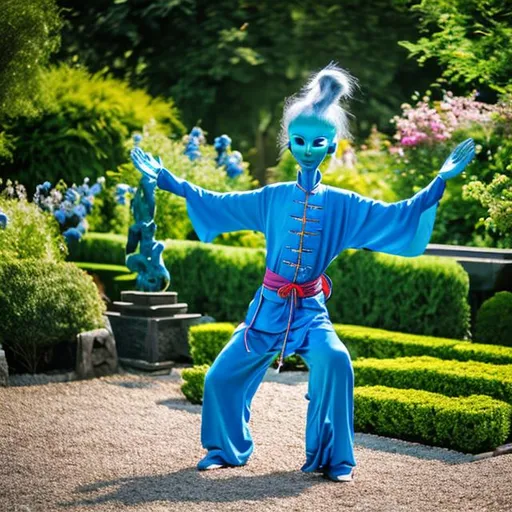 Prompt: Blue Alien Woman doing Tai Chi in a Garden.
