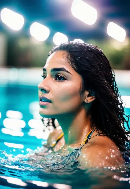 Prompt: beautiful woman getting out of a swimming pool , head half in water, highly detailed face, pretty, photorealistic, 4k, sony alpha a71, dslr photograph, indian race, medium lighting, night time, white light, long headroom composition, indoor swimming pool,head in middle framing, realistic face, indoor