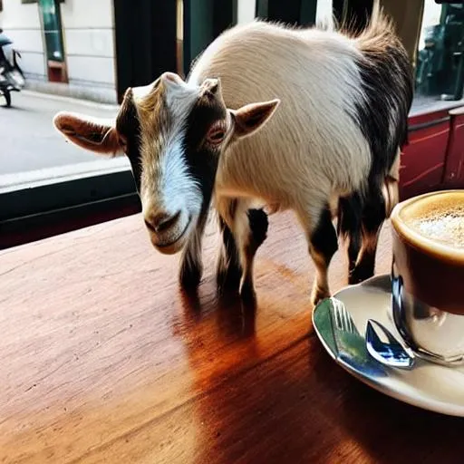 Prompt: A goat drinking coffee at a cafe
