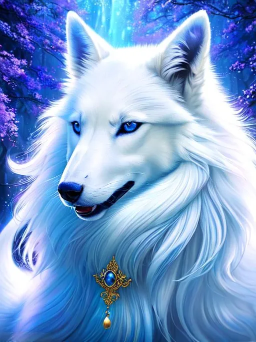 Prompt: remove text, 8k, UHD, masterpiece, best quality, trending on artstation, hyperrealistic, Portrait of a {beautiful Ninetales}, {canine quadruped}, crystal blue eyes, intricately detailed luxurious silky white-blue fur, small pointy ears with blue insides, wearing a beautiful {gold silky scarf with white embroidery}, in an (enchanted fantasy purple mountain peak), auroras foll the night sky, dim soft light, psychedelic colors, nine beautiful tails white tips, silky white mane, frosted fur, ice drops on fur, studio lighting, sharp focus, intricately detailed fur, brilliant detailed eyes, beautifully detailed face, centered face, beautifully detailed background, insanely beautiful, symmetric, perfect composition, sharp focus, unreal engine, intricately detailed mouth and teeth, by Yuino Chiri