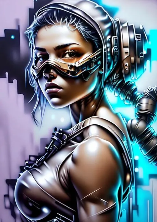 Prompt: cyberpunk woman with back to camera with a mechanical prosthetic arm