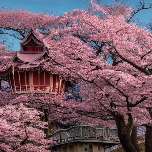 Prompt: THE CHERRY BLOSSOM TREE HOUSE :: beautiful ornate treehouse in a gigantic pink cherry blossom tree :: on a high blue grey and brown cliff with light snow and pink cherry blossom trees :: Roger Deakins and Moebius and Alphonse Much and Guweiz :: Intricate details, very realistic, cinematic lighting, volumetric lighting, photographic, --ar 9:20 --no blur bokeh defocus dof --s 4000