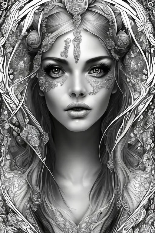 Prompt: coloring page , black and white  of beautiful fantasy goddess,  clear facial features, flat beauty lighting,  fine lines, framed in floating bubbles , fantasy, smooth lines, beautiful , dreamy,  light image, light background, head and shoulders, sharp focus