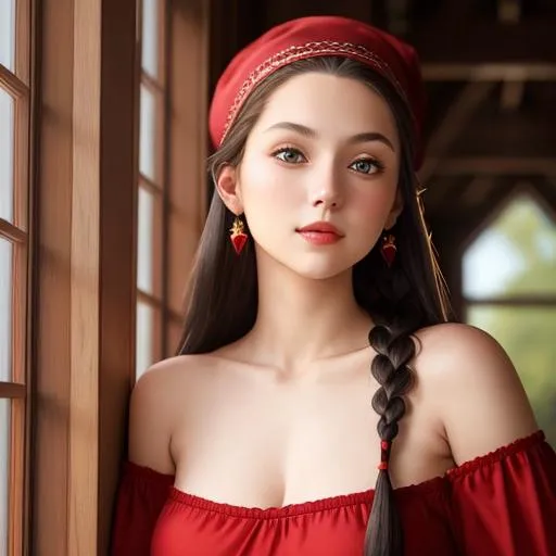 Prompt: a pretty girl wearing a red hat, a long dark braid ovever her left shoulder