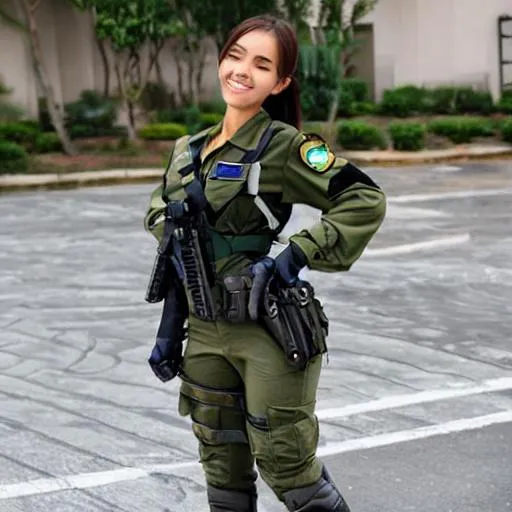 Prompt: beautiful anime girl, the most beautiful and perfect possible, incredible ultra-detailed eyes, big eyes, alive and shining blue and caldera, light skin, Brazilian army girl in uniform and aramda, carrying military equipment, short and blond hair, her face is happy and cheerful with a beautiful smile
{breasts}{Big}{shiny}


{breasts}{Big}{shiny}
